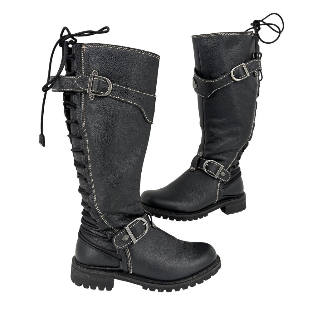 Harley Davidson Lenehan Motorcycle Boots Size 7.5 Black Leather Side Zip Tall